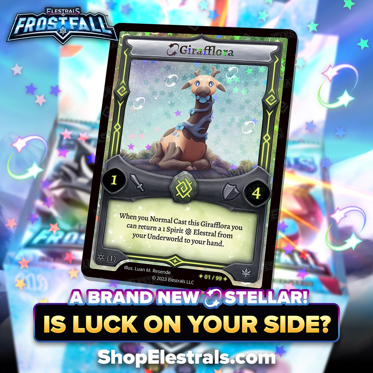 ❗STELLAR ALERT❗ 💫Stellar Girafflora is one of our new serialized Stellar Rares in Frostfall! 🌿🦒 Only 99 will EVER be printed! Will you be one of the lucky few who can hunt one down? 🤔 Pre-order a Frostfall Booster Box today!: shopelestrals.com/products/frost… #Elestrals…