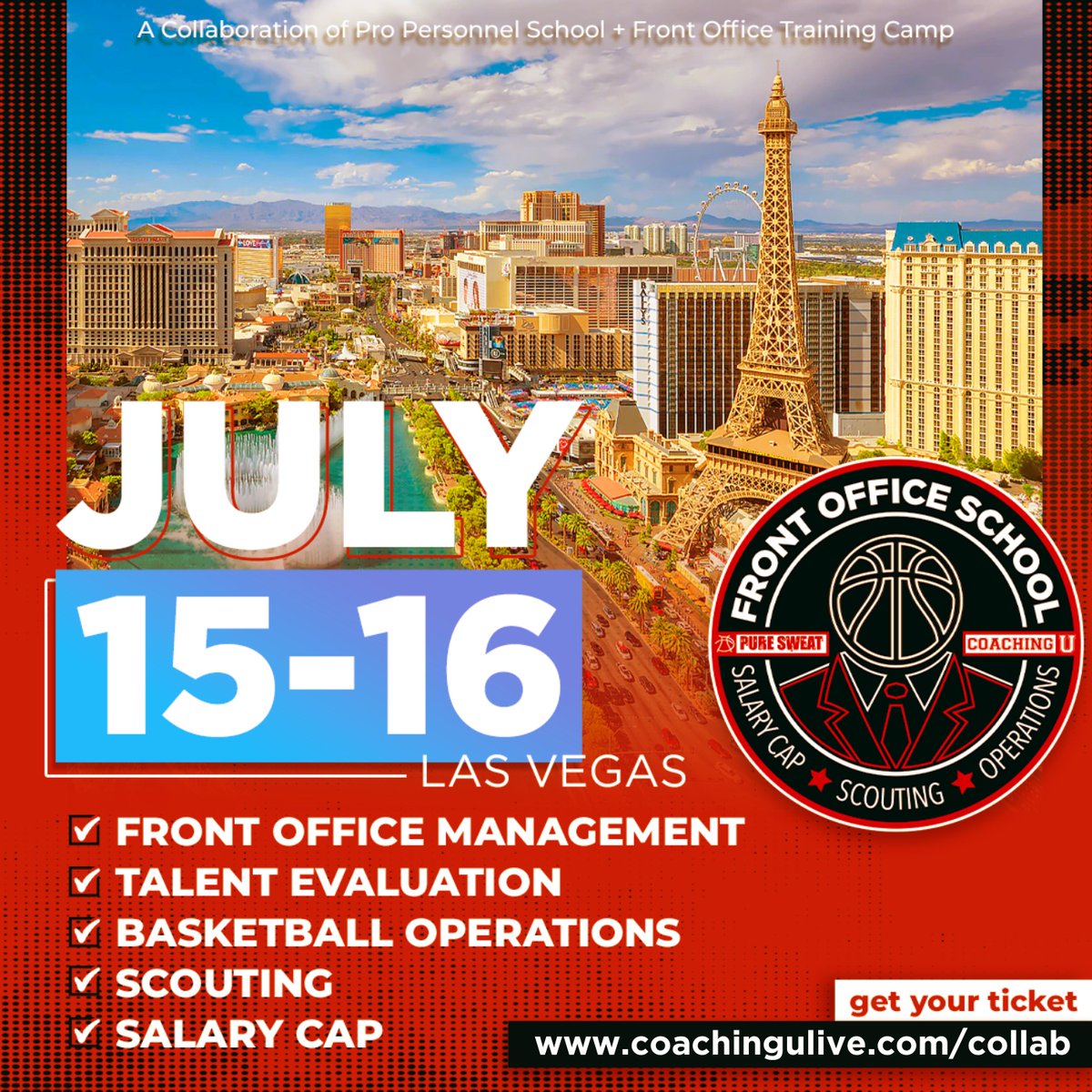 🚨 @Coaching_U & @PureSweat are teaming up to bring you the 1st ever Front Office School! 🏀 Learn from the NBA's top executives about basketball operations, scouting, talent evaluation, salary cap, and more. 🎟️ Get Your Ticket Today: 🔗 coachingulive.com/collab