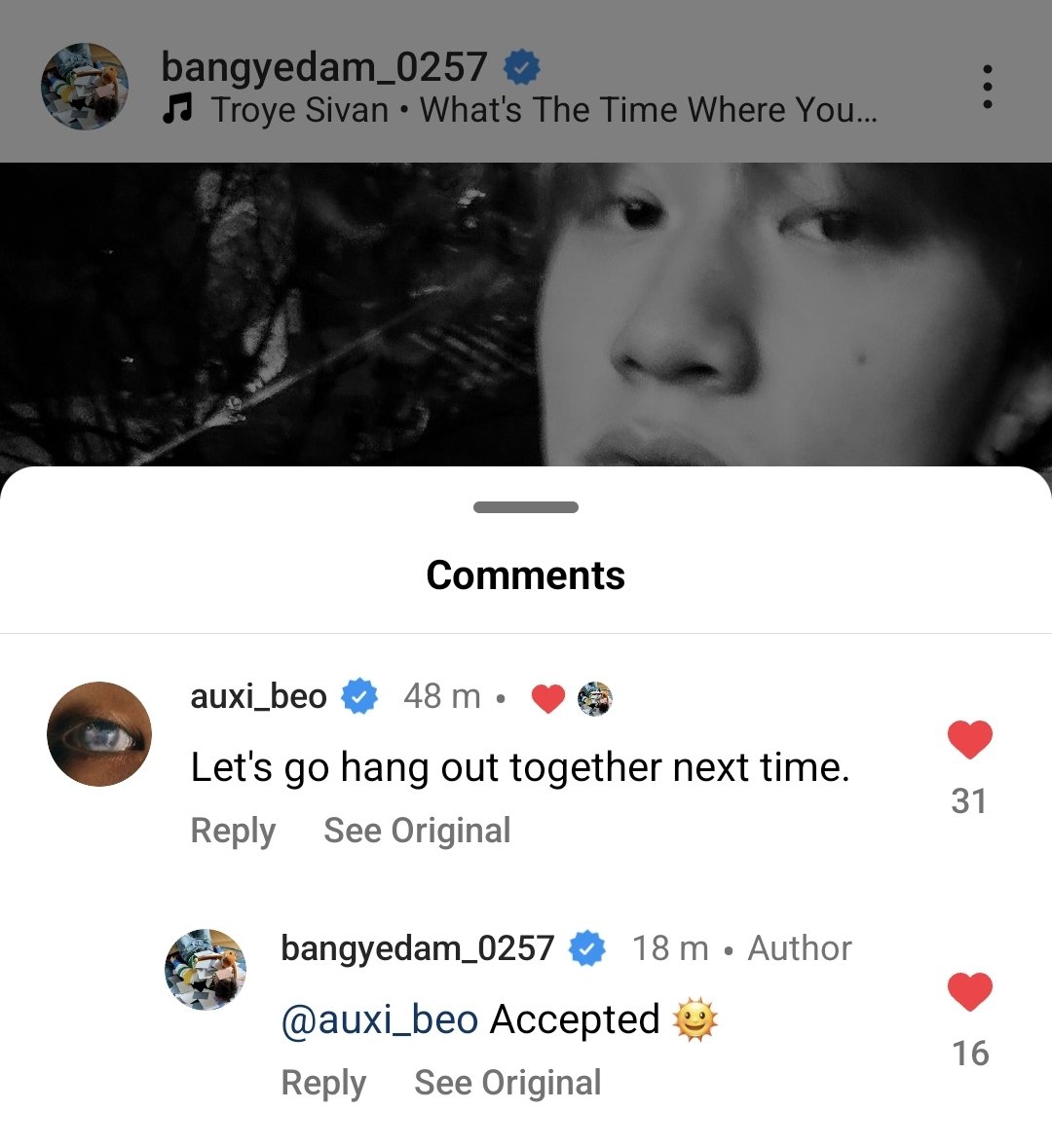 BE'O commenting on Yedam's new IG post asking him to hang out, and Yedam accepting his invitation. Besties 😆😊

#BANGYEDAM #BEO