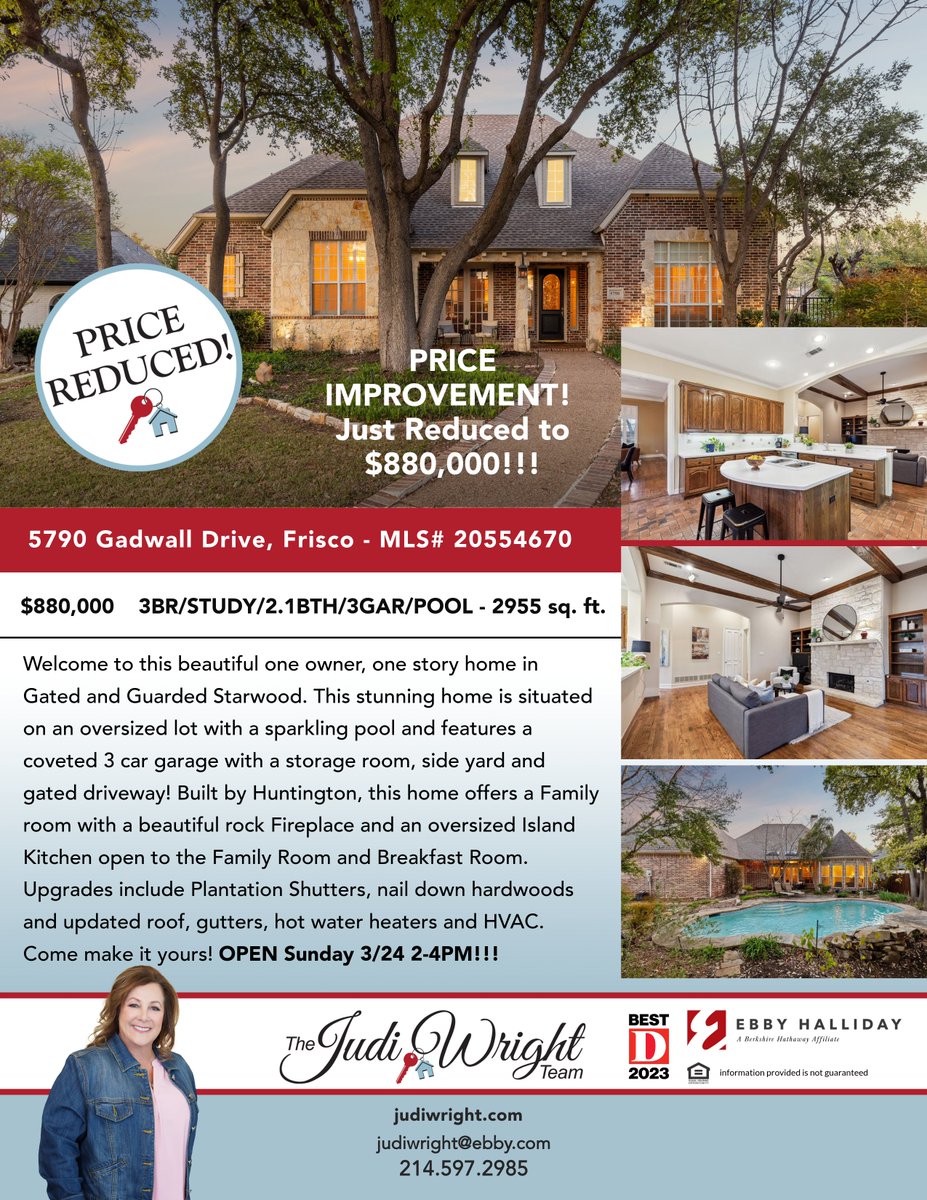 #OpenSunday in Frisco's premiere gated/guarded Starwood community 4/14 from 2-4PM. Tell them the address & the gate will allow access!
5790 Gadwall, Frisco, TX

#openhouse #openhouses #friscoopenhouses #starwoodhomes #starwood #frisco #friscotx #thejudiwrightteam #openhousesunday