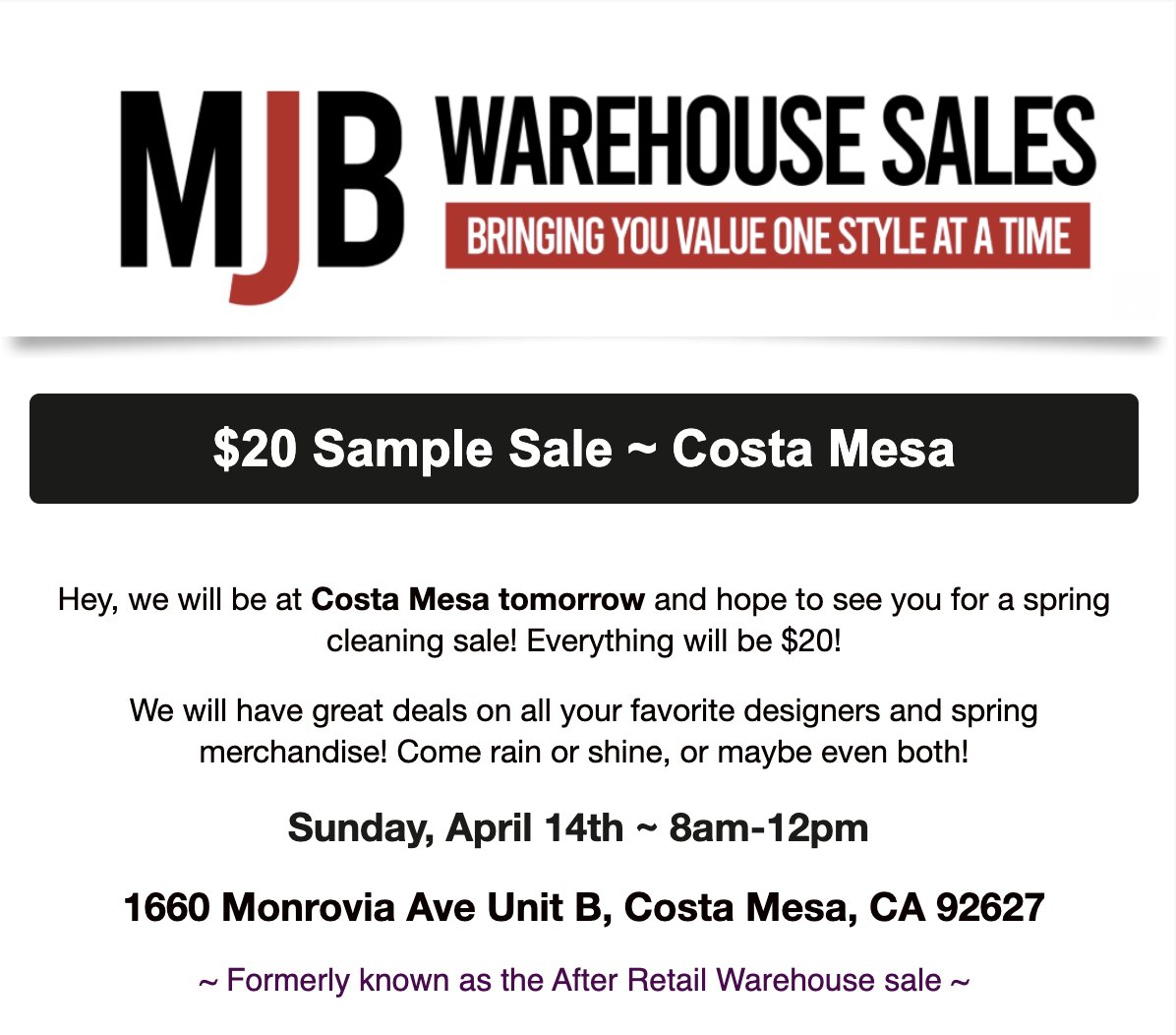 Hey OC Peeps! Another great sale!
Retail is $80-$350... everything is $20!!!
When you know, you know!!!!
#costamesa #samplesales #fashionsale #warehousesale #fashion4less #Orangecountysamplesales #LAshoppingguide #wholesaledeals #BargainsLA #style