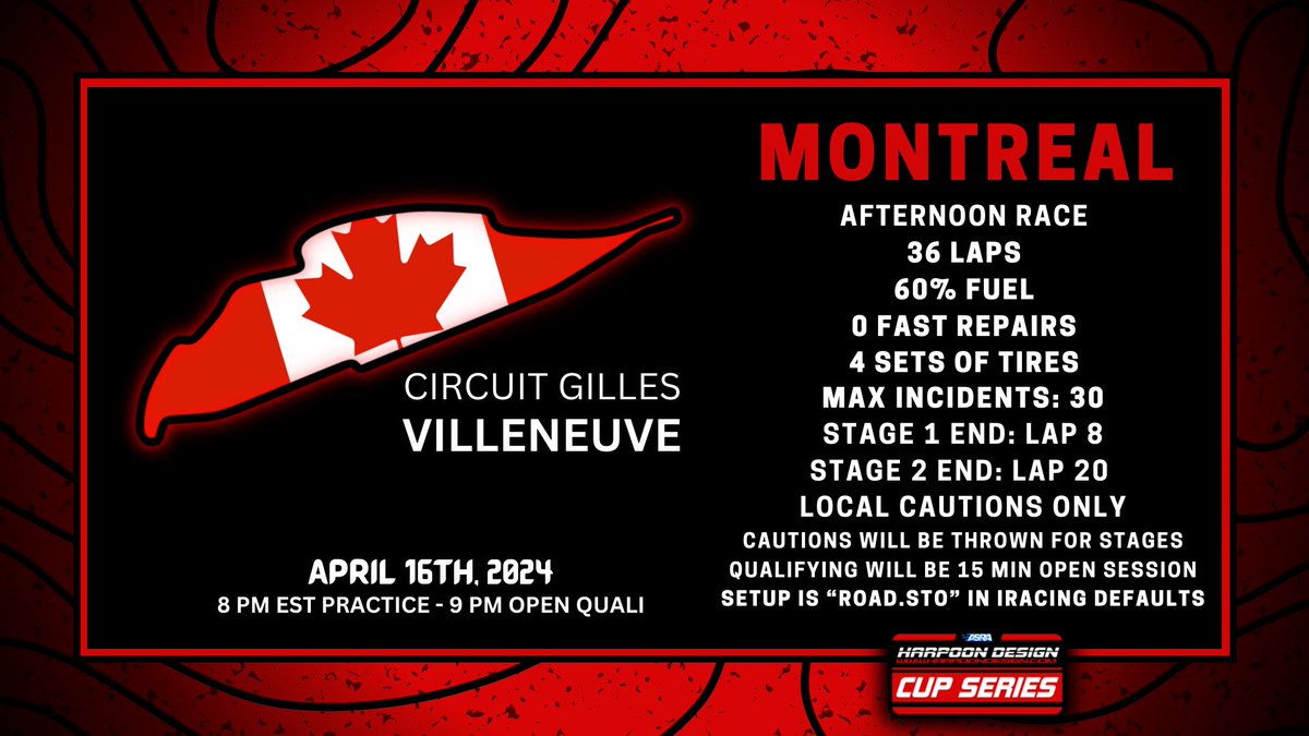 Race Details for Tuesday’s @ASRAiRacing Cup Series Grand Prix of Montreal! 📺 💻📱 - #YouTube RaceDayLive (youtube.com/@RaceDayiRacing) ⏰ - 9PM EST