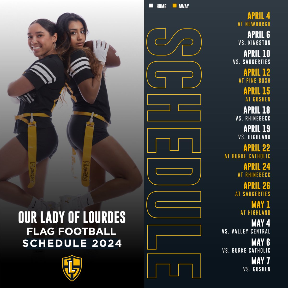 Lourdes has joined the wave of schools adding Girls Flag Football! Check out the inaugural season schedule and come out to support the Warriors this spring! #GoWarriors