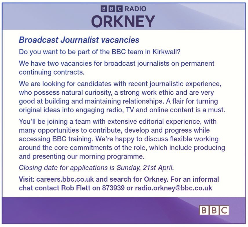 Just one week left to apply for a job with us at BBC Radio Orkney bit.ly/3xlI9gg #orkney #bbc #JobAlert