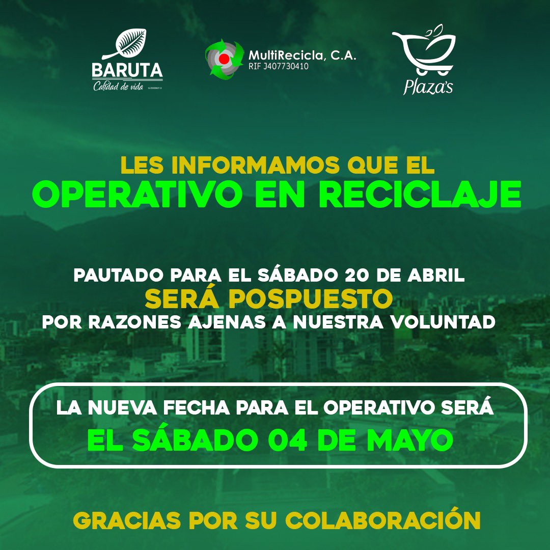 ¡Atención vecinos!🍃 Les informamos que la nueva fecha para nuestro Operativo de Reciclaje será el sábado #4may♻️ ¡Gracias por su colaboración!