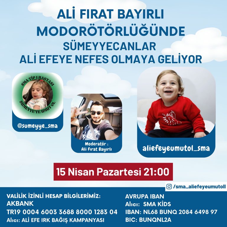 Sümeyye iyilikten yana olanlar sayesinde hayata tutundu Kardeşlerinin elini bırakmamak için 15. Nisan pazartesi saat 21.00 de,Ali Fırat Bayırlı moderatörlüğünde @aefeyeumutol_sma için odasını açacak DAYANIŞMA YAŞATSIN DİYE SİZLERİ DE BEKLİYORUZ 💕🙏🏼🌸