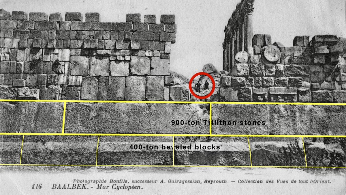 BrightInsight6's tweet photo. The Trilithon Stones of Baalbek are the Largest Lifted & Stacked megalithic blocks in History.

~900TONS (1.8M lbs) EACH 🤯
- 62ft LONG / 14ft TALL‼️
- Elevated 23ft above Ground

And here’s what’s WILD…

We do NOT know exactly Who did this, When, or How.

Although the Romans are credited, there are 2 bizarre facts you must know:

1) Romans were renown for documenting Everything. YET, the foundation of the Heliopolis (which the Trilithons are made up of) is strangely undocumented 🤔 

2) The Largest stone from Ancient Rome is ‘Trajan's Column’, which weighs a mere 53Tons (16X SMALLER than the Trilithons)

900Tons is in the realm of Physics defying. But this does not even include the dozens of 600Ton & 350Ton stones that also make up this mysteriously profound structure.

Who did this, and HOW??