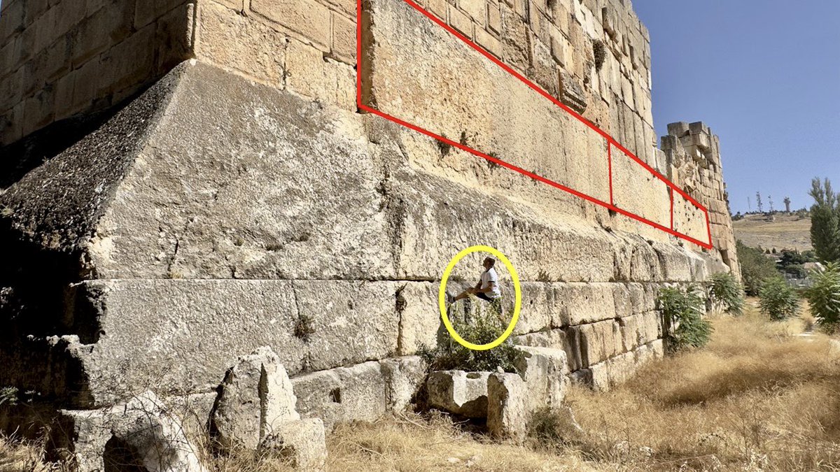 BrightInsight6's tweet photo. The Trilithon Stones of Baalbek are the Largest Lifted & Stacked megalithic blocks in History.

~900TONS (1.8M lbs) EACH 🤯
- 62ft LONG / 14ft TALL‼️
- Elevated 23ft above Ground

And here’s what’s WILD…

We do NOT know exactly Who did this, When, or How.

Although the Romans are credited, there are 2 bizarre facts you must know:

1) Romans were renown for documenting Everything. YET, the foundation of the Heliopolis (which the Trilithons are made up of) is strangely undocumented 🤔 

2) The Largest stone from Ancient Rome is ‘Trajan's Column’, which weighs a mere 53Tons (16X SMALLER than the Trilithons)

900Tons is in the realm of Physics defying. But this does not even include the dozens of 600Ton & 350Ton stones that also make up this mysteriously profound structure.

Who did this, and HOW??