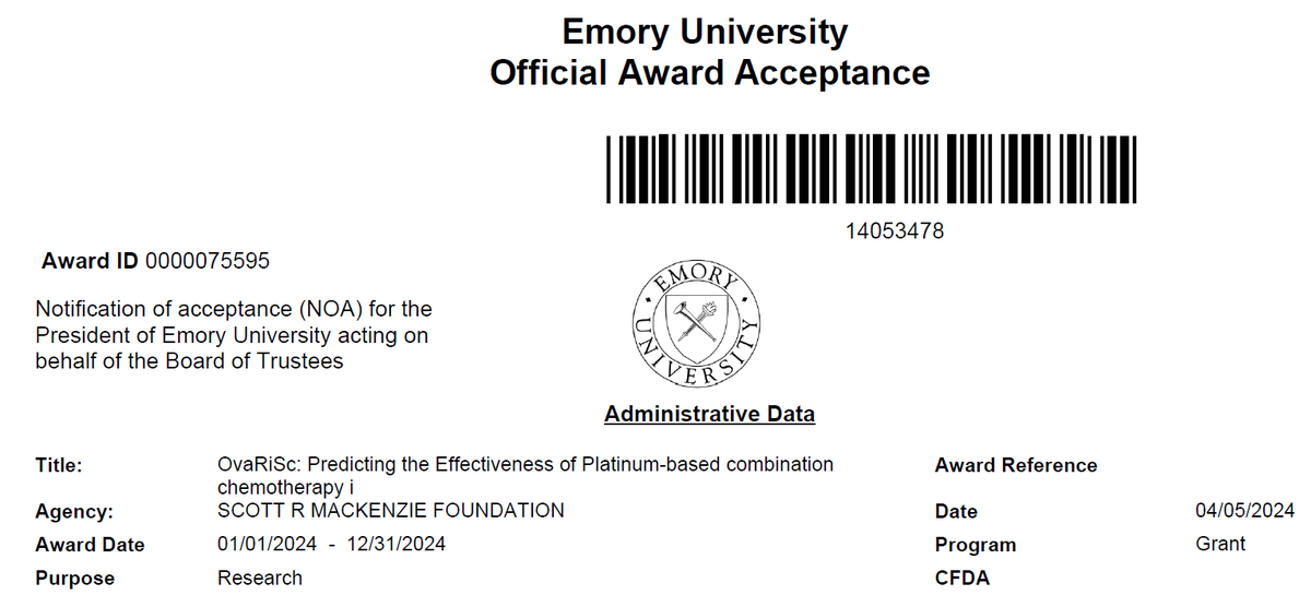 Thrilled and honored to have received funding from the Scott R Mackenzie foundation for our project 'OvaRiSc: A digital pathology AI approach for predicting Effectiveness of Platinum-based combination chemotherapy'. scottrmackenziefoundation.com