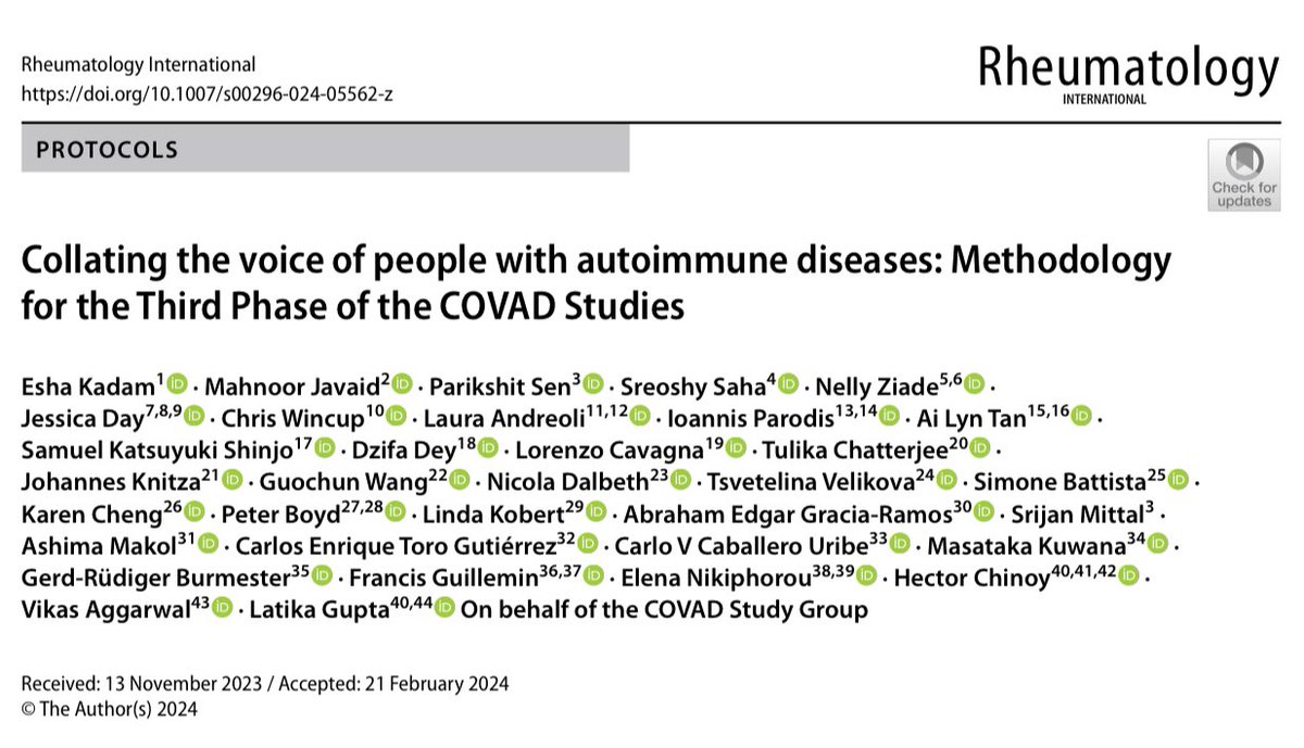 Collating the voice of people with autoimmune diseases: Methodology for the Third Phase of the COVAD Studies By @CoVADStudy Via Rheumatology International Congratulations friends 👏🏼🥳🎉 link.springer.com/article/10.100…