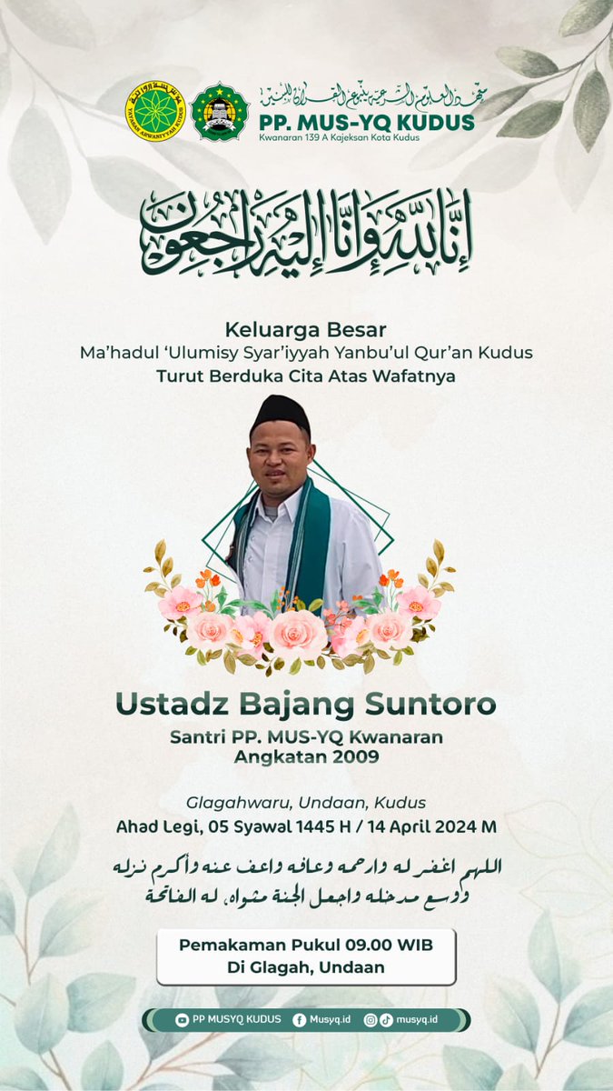 Sh0lihuddin's tweet photo. Nderek Bela Sungkawa atas wafatnya Ustadz Bajang Suntoro
Santri PP MUS-YQ Kwanaran Kudus.
Glagah Waru Undaan Kudus
Njenengan tiyang sahe tadz.. https://t.co/nxq0PXH0a3