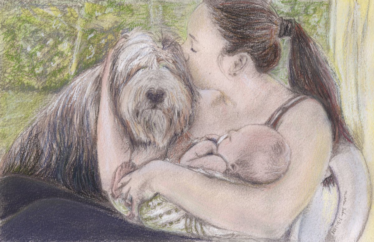 Woman, baby, dog. I love drawing hair and dog fur! #reddigetsdrawn. From Finding a Likeness: How I Got Somewhat etc