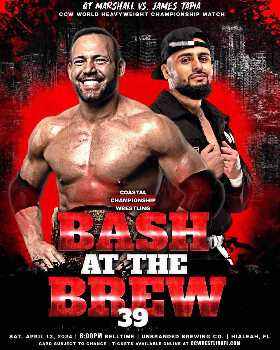 Get ready for the hottest party in South Florida! CCW Presents Bash At The Brew 39! There is nothing like experiencing CCW in person, especially in #Hialeah. Do not miss it! TONIGHT at 8PM @UnbrandedBrew Tickets are on sale now: coastalchampionshipwrestlingfl.com/events-1/bash-…