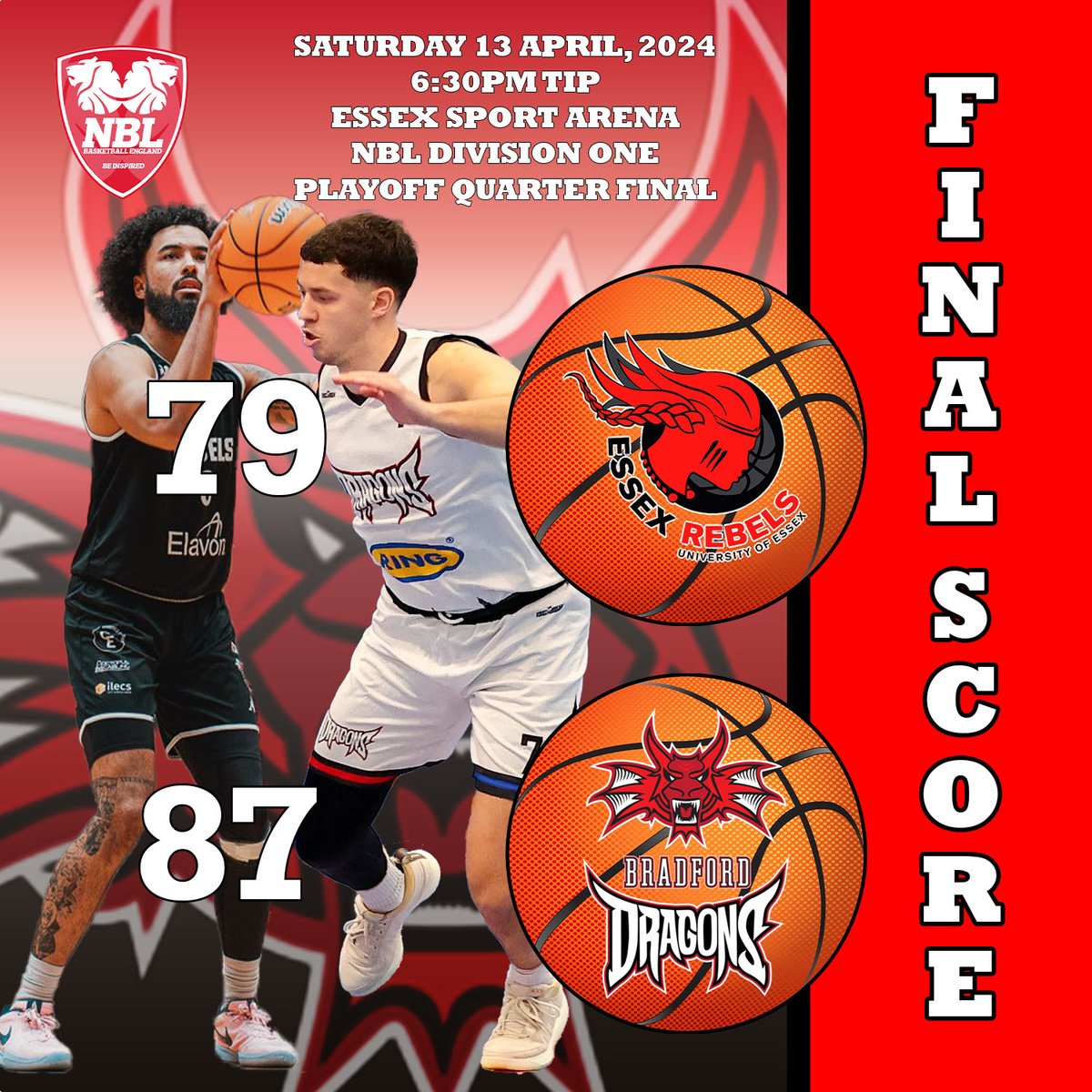 Game over in the Essex Sports Arena and we’ll see you next week in the Dragons’ Den for the semi final.

#BradfordDragons #Basketball #OneClubOneFamily #nbl2324
