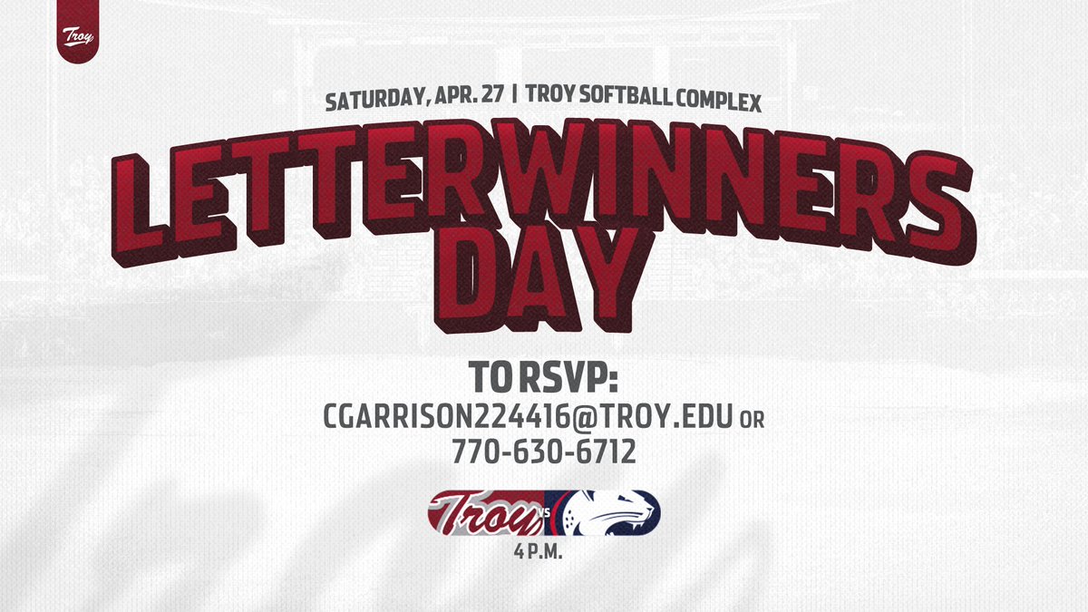 TroyAthletics's tweet photo. Softball Letterwinners Day is two weeks away! Join us April 27 at 4:00 p.m. following the Football Spring Game as we celebrate the 30th anniversary of Division I Softball! 

To RSVP contact Cody Garrison at cgarrison224416@troy.edu

#OneTROY⚔️🥎 https://t.co/k5xuZggH09