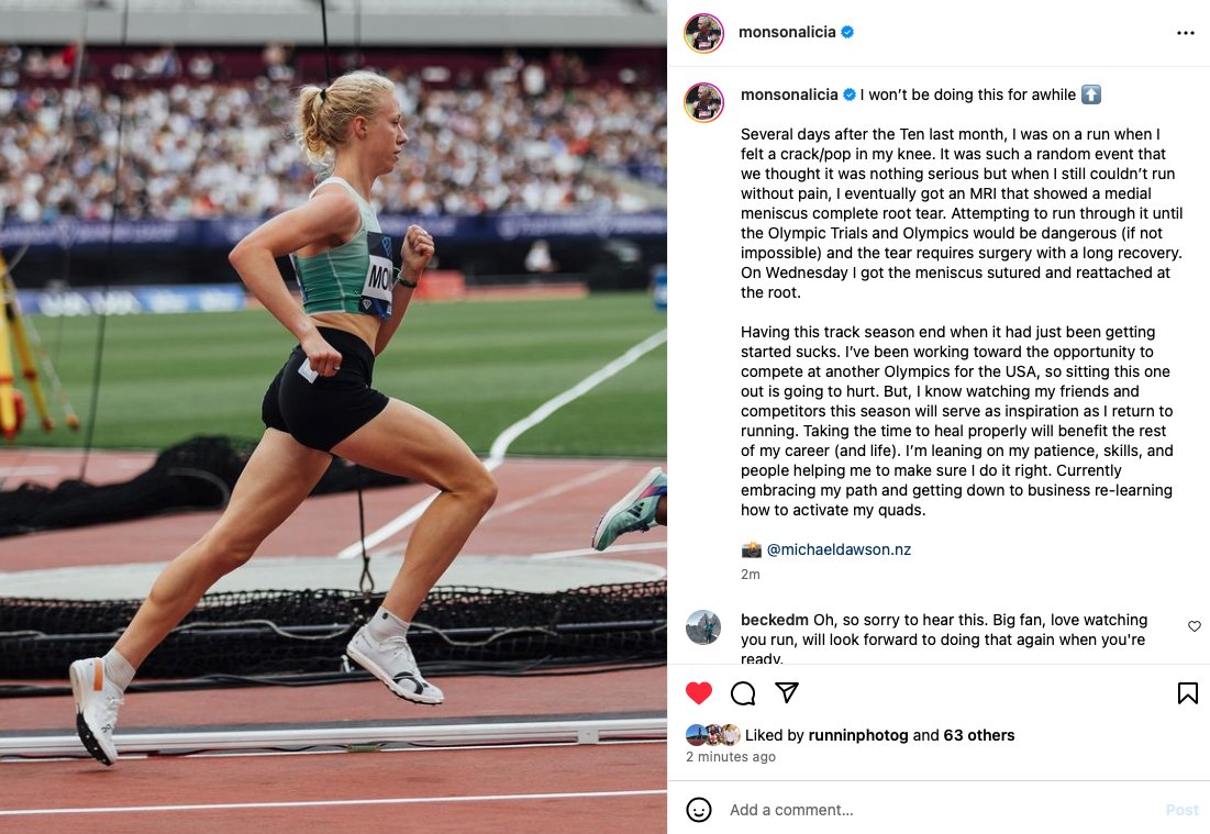 Terrible news from Alicia Monson, who is out for the rest of the season after having surgery to repair a complete root meniscus tear on Wednesday. Her post: instagram.com/p/C5tocNiu1RU/