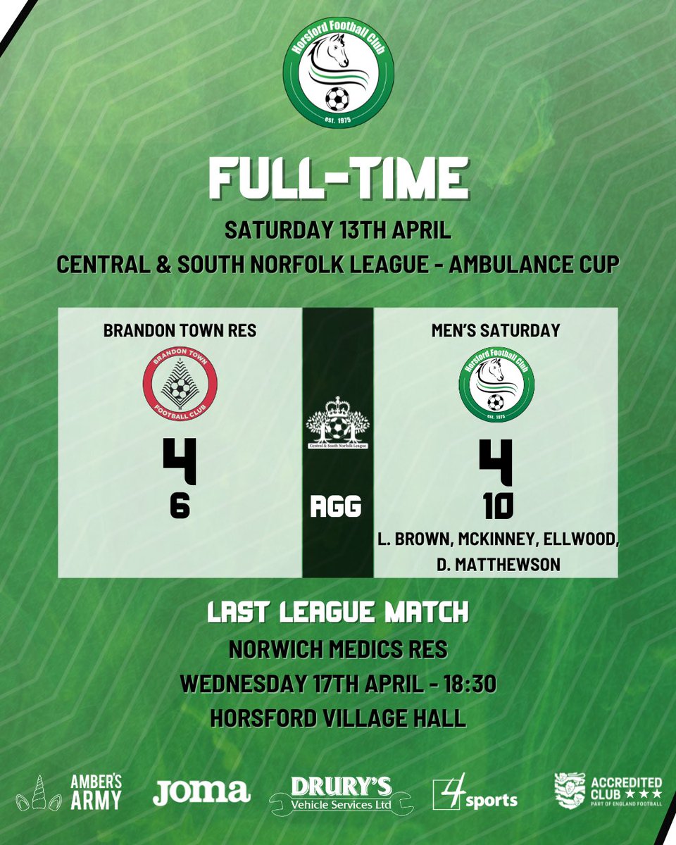 After trailing 3-1 at half time to a much changed Brandon Town Reserves side, the green’s ended the Ambulance Cup second leg with a 4-4 draw. Goals from Ashton McKinney, Lleyton Ellwood, Dean Matthewson and Lewis Brown saw the side through 10-6 on aggregate. Next up, their final