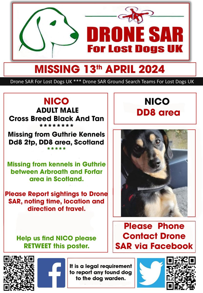 #LostDog #Alert NICO
Male Cross Breed Black And Tan (Age: Adult)
Missing from Guthrie Kennels Dd8 2tp, DD8 area, Scotland on Saturday, 13th April 2024 #DroneSAR #MissingDog