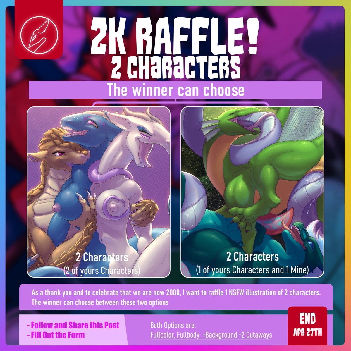 NSFW Raffle for the 2K Link to the form: forms.gle/g7XUAraG1zPULz… I use google forms, bc I want to make sure to not miss any entries - Follow me and share this post - Fill out the form The winner is free to choose whether option and the theme. End Apr 27th