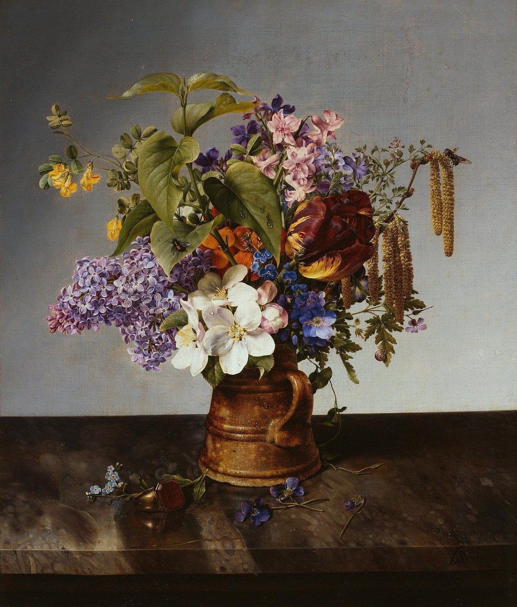 'Garden Bouquet in the Jug'. Oil painting by Johann Wilhelm Preyer, German (1803 - 1889)