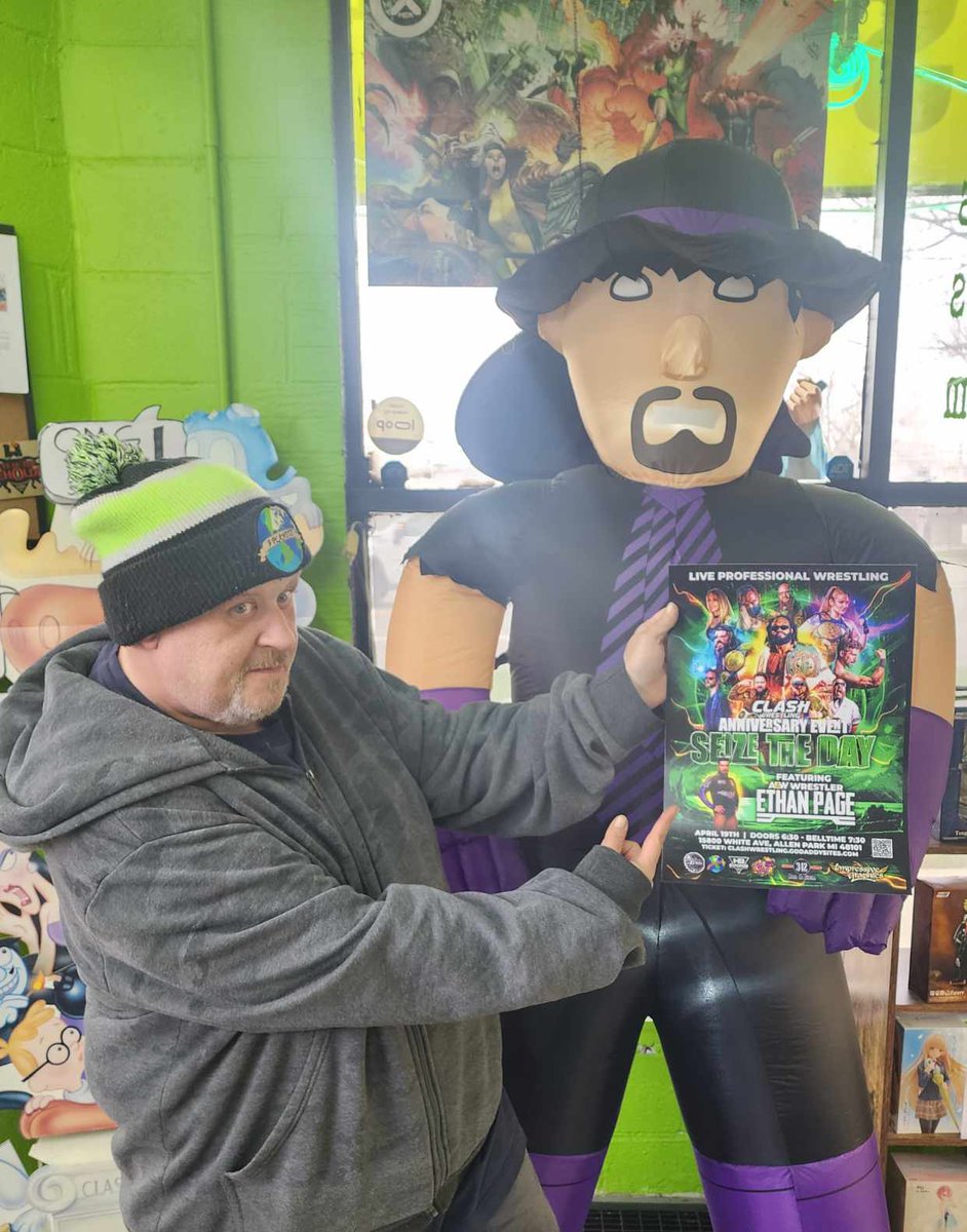 🚀 Ben from 9 Planets comics and Collectables is pumped up for CLASH Wrestling's #SEIZETHEDAY Event! 💪 Could the #Undertaker be hyped too?! 😂 Huge shoutout to having our backs over the years! 🙌 Let's rock this on 4/19! 🎉 #prowrestling #wrestling #wrestlingmemes
