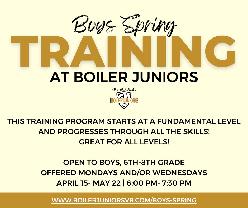 Spring Training and our Spring II Youth Academy starts this week but it's not too late to register! Get the best volleyball training around! Open to girls and boys, Pre K-9th grade. Learn more and register at boilerjuniorsvb.com!