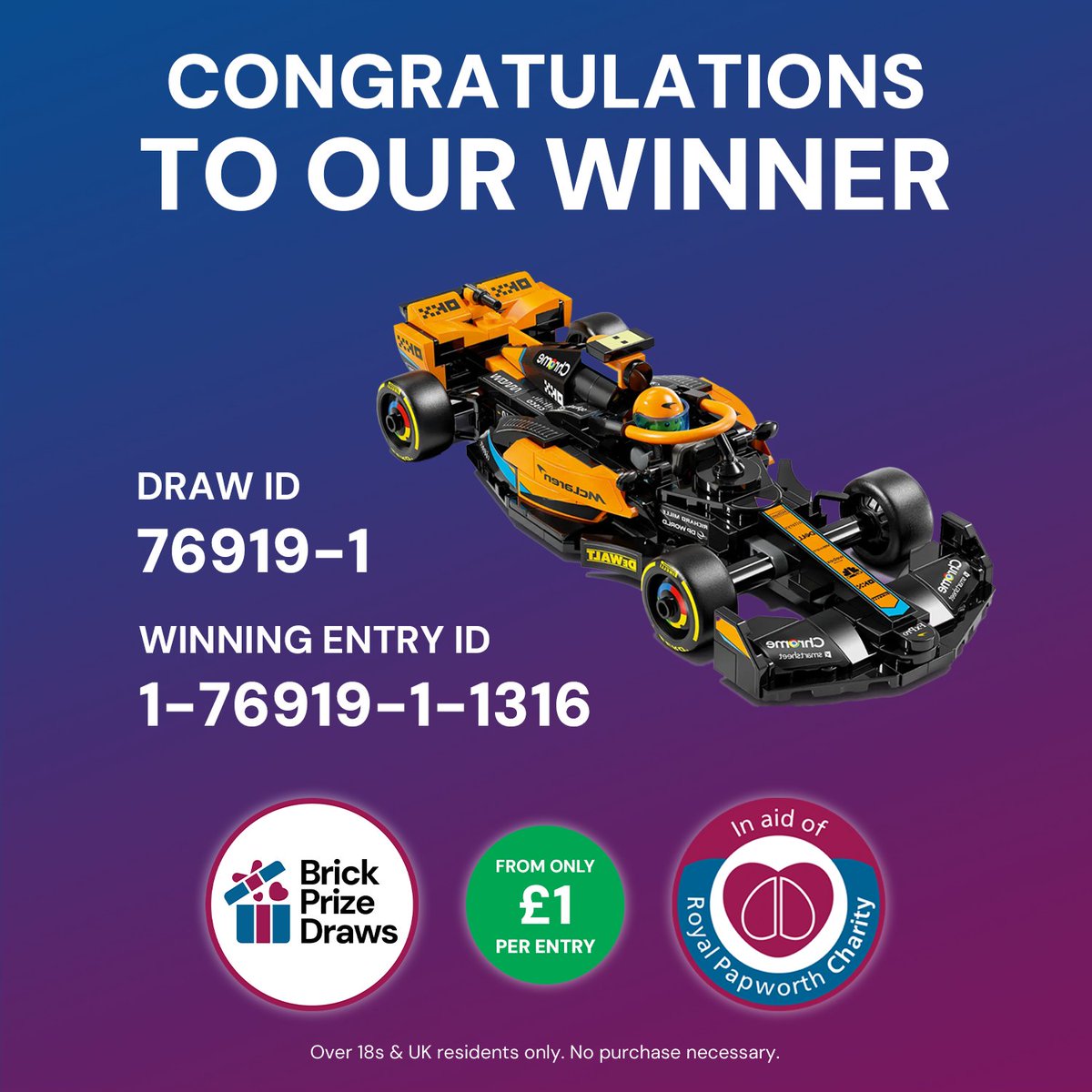 🚀 LEGO McLaren Formula 1 (76919-1)
🏆 Congratulations to winning Entry ID: 1-76919-1-1316

A huge congratulations to our winner, you're now the proud owner of a brand new LEGO McLaren Formula 1 set! 

Browse our live draws: brickprizedraws.com

#lego #prizedraw #winner