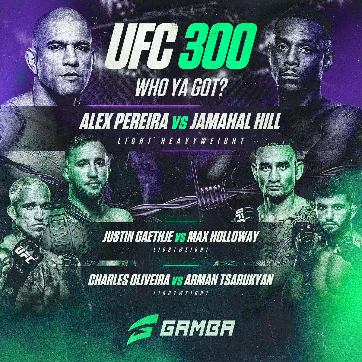 Who's tuning into #UFC300 tonight 👊 Guess the winners of these 3 fights for a chance at some Gamba balance 🔥