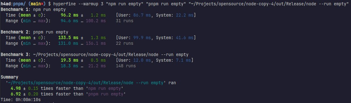 In case you don't know, @yagiznizipli merged the new CLI flag '--run', which lets you run package.json scripts 5x faster than npm, and 7x than pnpm. It's not npm compatible, but it's a good alternative to run your scripts.