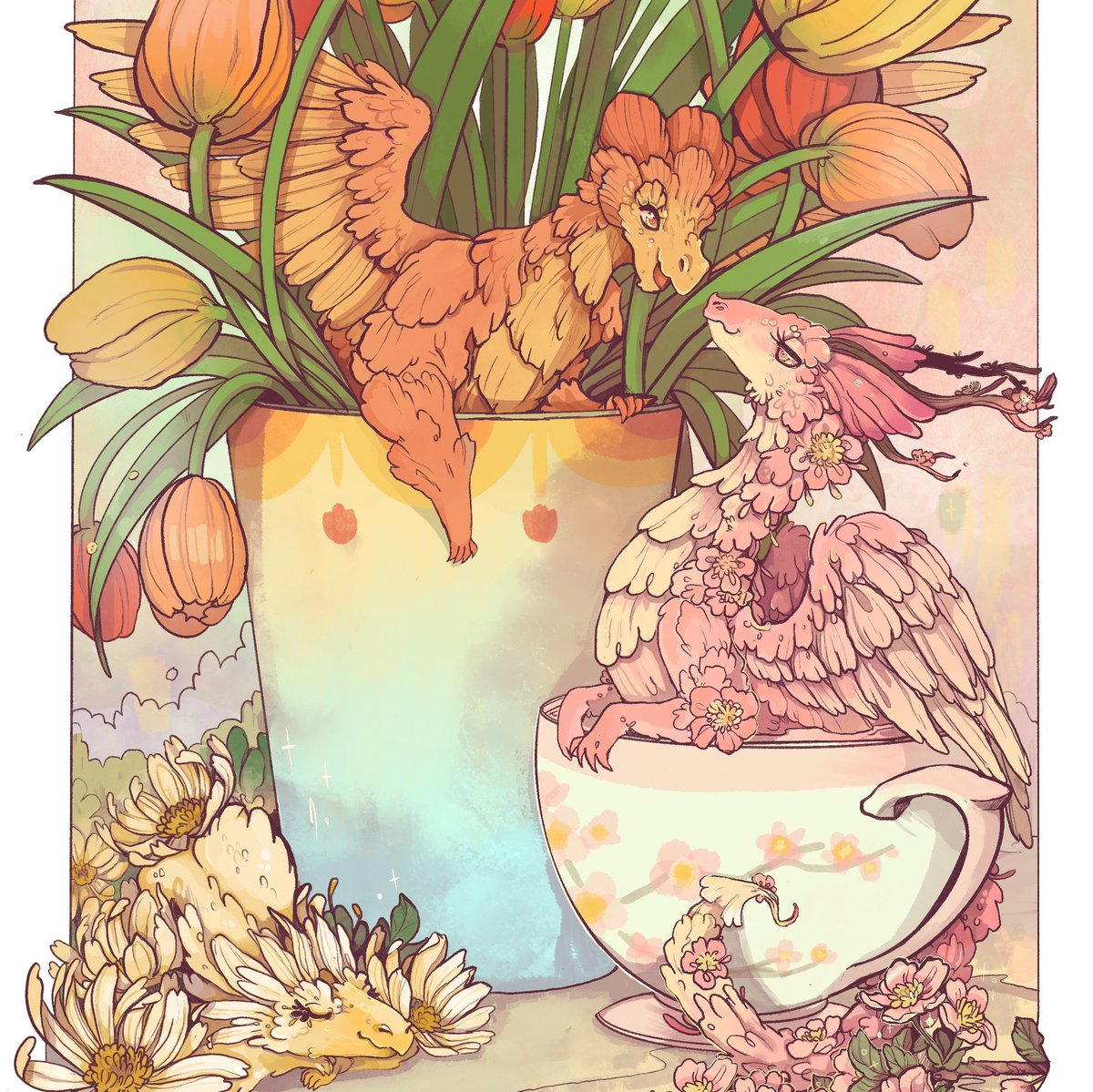 The teacup flower dragons love nothing more than a fresh cuppa and the smell of spring. It's been a bit of a slow progress this week as my chronic fatigue after the last few busy weeks of events has been overwhelming, but I'm excited to dive into the store update and draw x