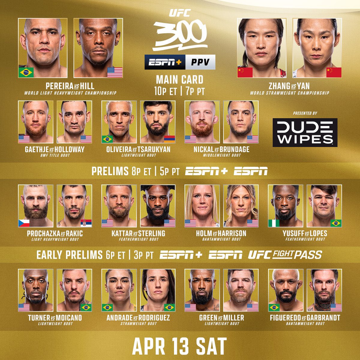 Vēsturiskais #UFC300 jau pavisam drīz! Retā reize, kad katra cīņa ir grāvējs. Divi bijušie čempioni atkorķēs ‘Early Prelims’, ar to arī viss ir pateikts.
$300k bonusi noteikti nesīs lielāku vardarbību būra vidū

Slēdzies klāt 5:00 <a href="/Go3SportLatvija/">Go3 Sport</a> uz vakara galvenajām cīņām! 🔥