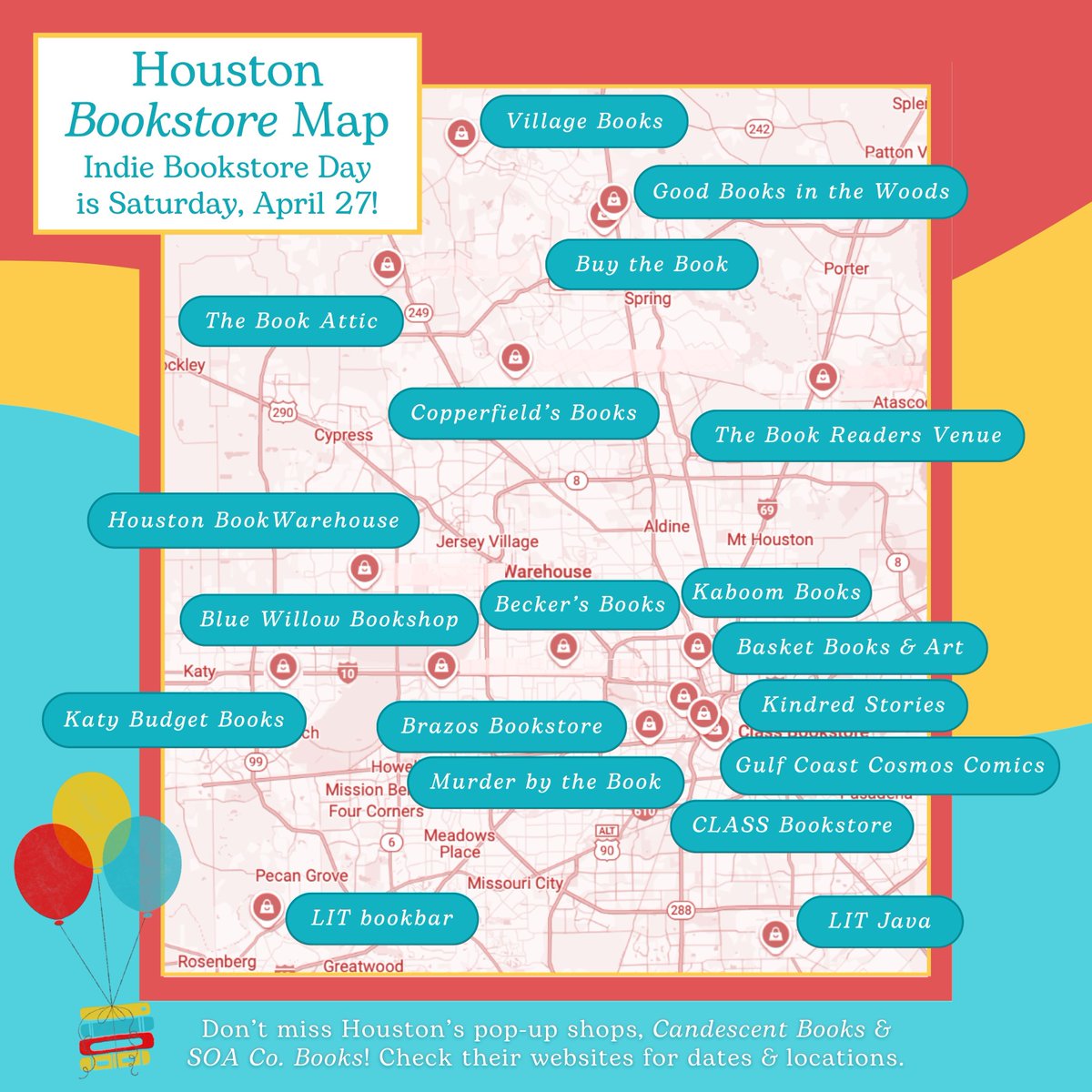 ✨Indie Bookstore Day is Saturday, April 27!✨

Here's an updated map of Houston-area independent bookstores. 😍 (Yes, we have some new bookstore neighbors!)

Who's ready to celebrate? bluewillowbookshop.com/IndieBookstore…