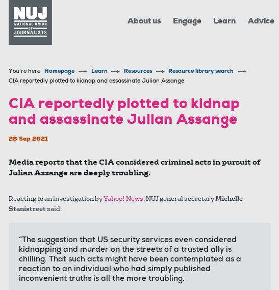 National Union of Journalists: 'The CIA reportedly plotted to kidnap and assassinate Julian Assange - we demand his release' #FreeAssangeNOW nuj.org.uk/resource/cia-r…