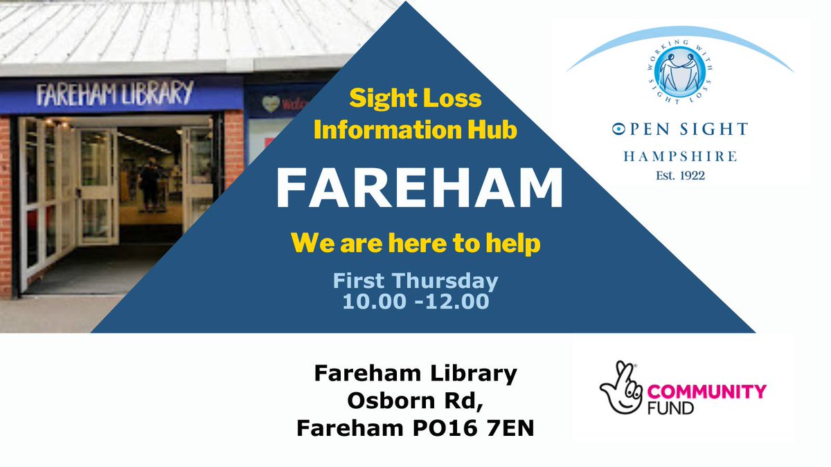 GOpensight's tweet photo. FYI: Opensight, Fareham Sight Loss Information Hub,
Fareham Library, Thursday 2nd May, 10am-Noon. 
{Generally First Thursday In Month, see https://t.co/nwFHx4fts7 for any chnages). https://t.co/IigDDpzUCk
