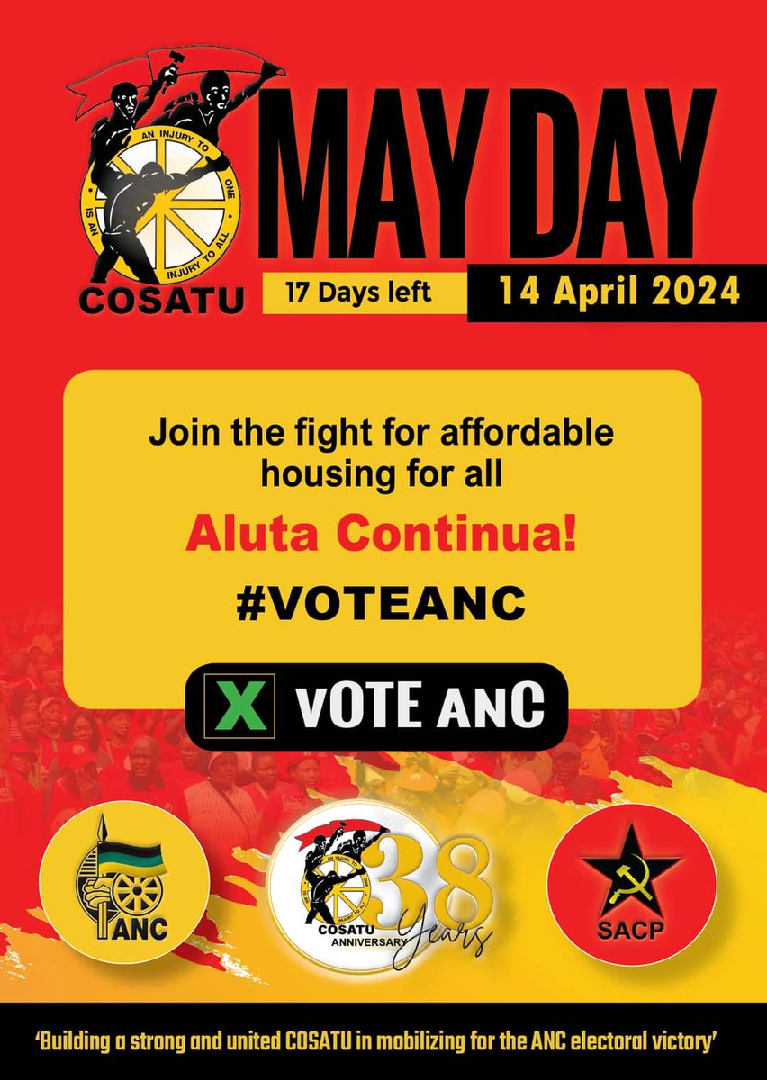 Media Alert: 
#COSATU scheduled to celebrate the International Worker's Day this year at the Athlone Stadium in Cape Town on #May1 @MorningLiveSABC @MYANC @itstopicalsabc @SABCFullView @SABCNews @SACP1921 @_cosatu #VoteANC #InternationalWorkersDay