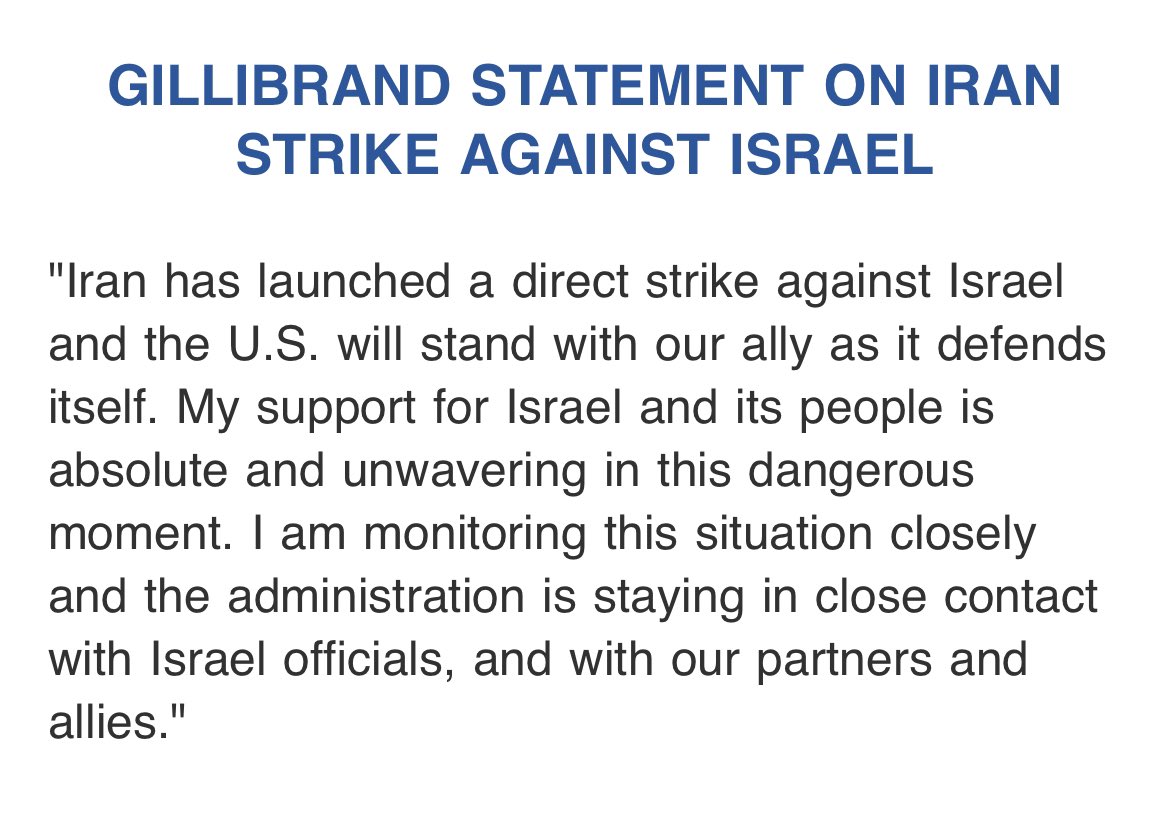 BREAKING 🚨 @SenGillibrand pledges support following Iran’s strike on Israel @News12WC @News12LI