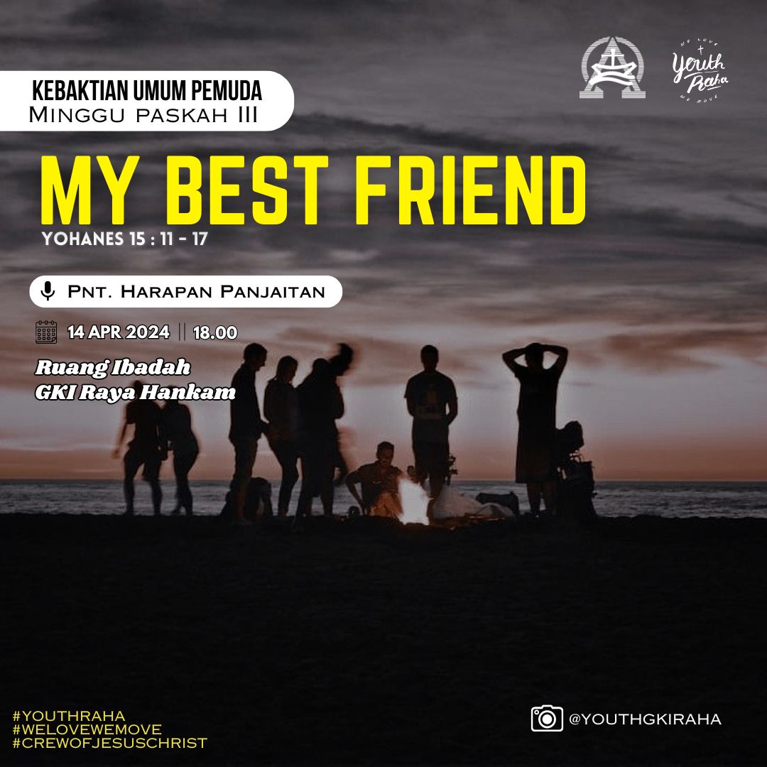 Hi Shalom youth!

Yuk kita siapkan hati kita untuk memuji dan memuliakan nama-Nya dengan berkumpul bersama-sama di hadapan-Nya dalam Kebaktian Umum Pemuda 
14 April 2024 pukul 18.00

Tema : My Best friend

See u youth, Tuhan Yesus Memberkati!