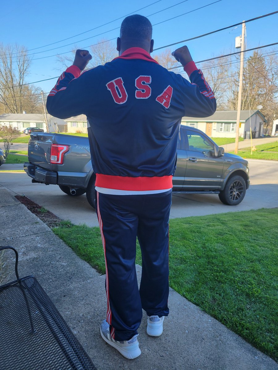 Hubs is headed to watch some fights tonight! 💪🥊❤️ Jogging suit is from 1985 when he fought for the USA Team in Germany. 100lbs & 39yrs later! Just look at him!! 😍 Handsome! #boxing #athlete #mysuperman