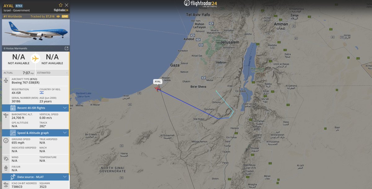 alternativewip's tweet photo. #Israel government (AF1) 767 presidential plane seen on the flight radar having departed from nevatim air base in the south of israel, no longer visible likely due to the amount of gps jamming in the area. #AYAL #7386C0 https://t.co/1mlI6sP1IN