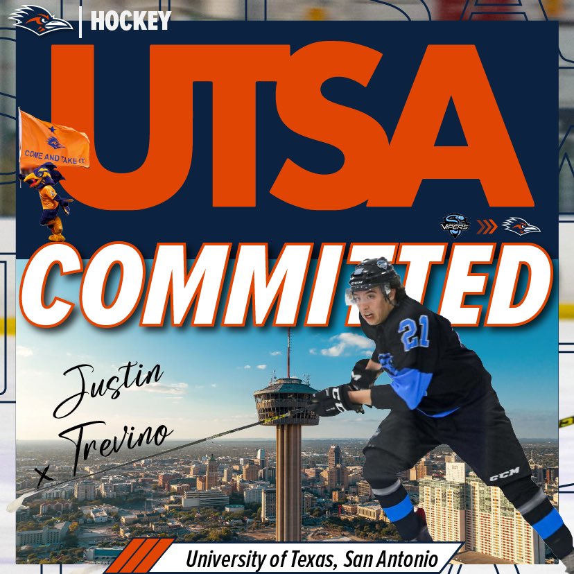 ‼️ COMMITMENT ANNOUNCEMENT‼️

Justin Trevino is a 6’1” 194 lb  Defenseman from San Antonio, Texas who previously played for the Rochester Vipers of the USPHL Premier!

Justin will be joining UTSA Hockey for the 2024-2025 season!

Welcome to the 210!