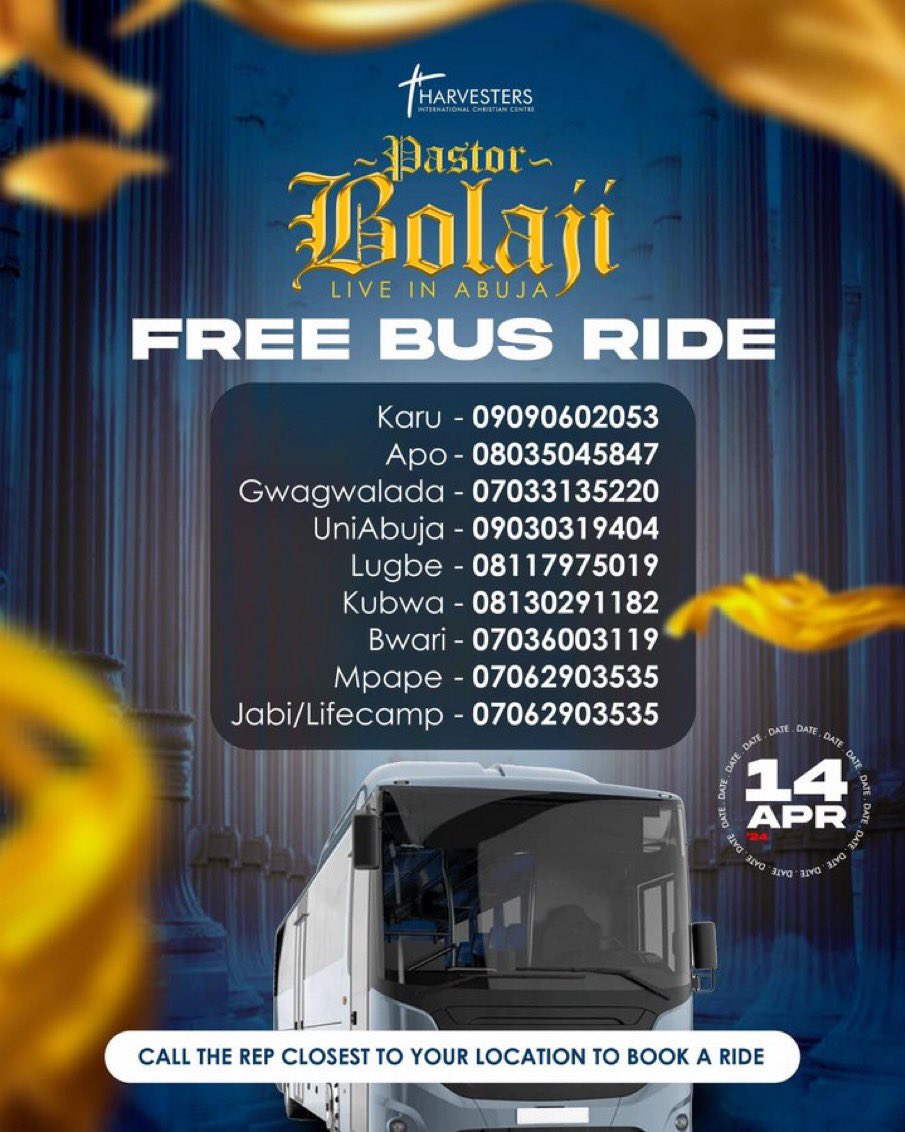 pastorbolaji's tweet photo. Please make it a date with Jesus tomorrow at @Harvestersabj! 

Free buses are also available. https://t.co/3ebB0ytjo2