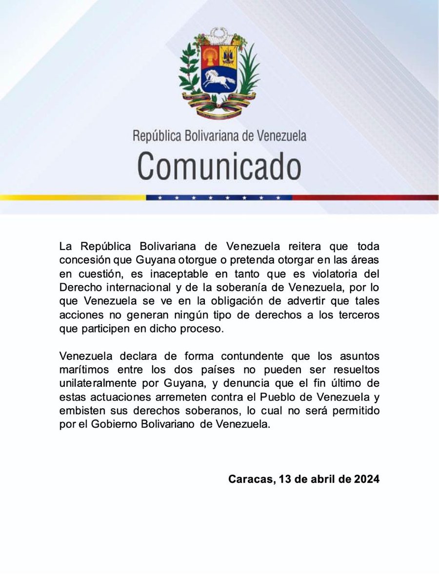 #Comunicado 📢 Venezuela, rechaza enérgicamente la ilegal licencia de producción de petróleo otorgada por el Gobierno de la República Cooperativa de Guyana a empresas petroleras en el Bloque Stabroek, pretendiendo disponer de los recursos energéticos en áreas marítimas sin…