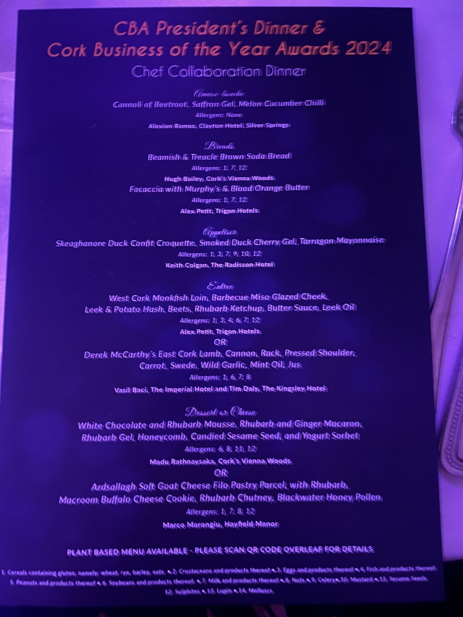 Great welcome from <a href="/CBA_cork/">CBA Cork</a> president <a href="/AaronMansworth/">Aaron Mansworth</a> tonight. 

Best of luck to all the finalists for the awards including <a href="/No1CorkHotel/">Cork International Hotel</a> 
Congratulations to all the chefs involved in the spectacular menu
#cbaawards