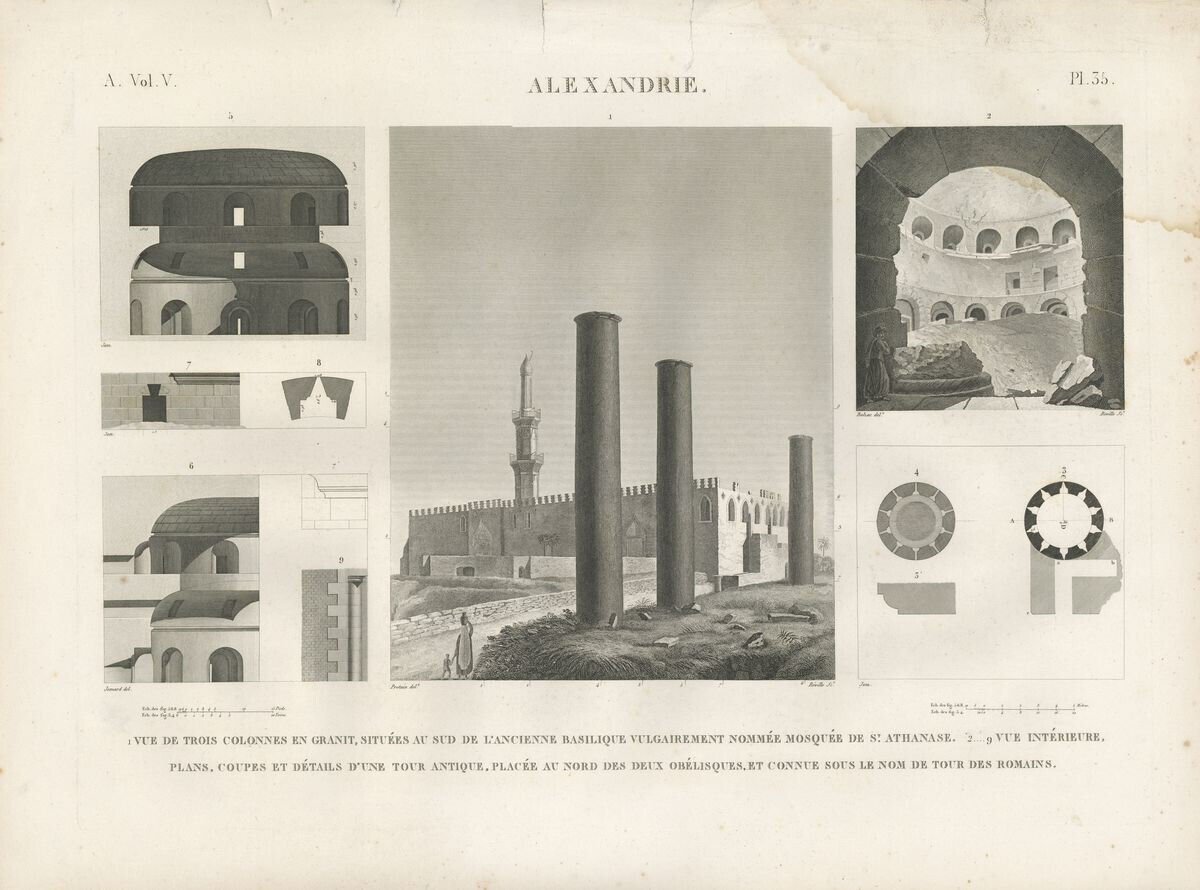 I just bought this engraving from Napoleon's Description de l'Egypte. The Attarine Mosque containing Alexander the Great's tomb in the centre with granite columns of the High St of Alexandria & views of the Ptolemaic 'Tower of the Romans'. All destroyed more than 100 years ago.😢