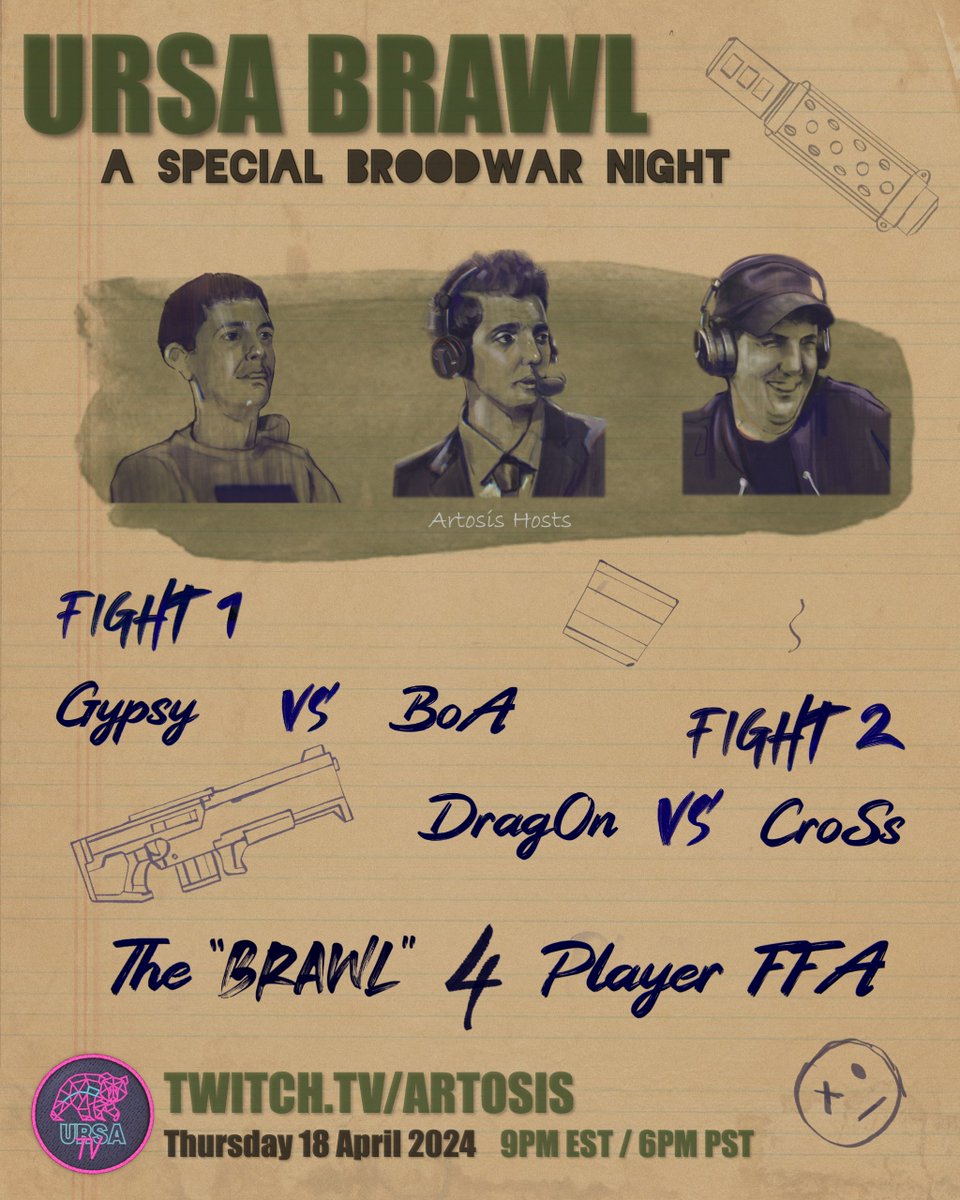 From the notepads of imaginative concept artists to a multi-billion dollar industry... eSports owes a lot to Starcraft. We recognize this legacy through @Artosis and a special #BroodWar edition of the Ursa Brawl. Thu 18 Apr // 9pm EST // 6pm PST twitch.tv/artosis