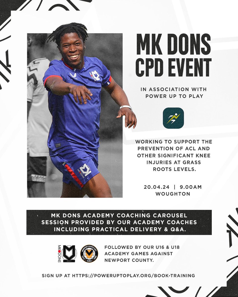 @MKDonsFC staff are hosting a CPD event on Saturday 20th April at their training ground (Woughton - MK6 3EA) in aid of sharing and helping support better understanding around the prevention of knee injuries Sign up via poweruptoplay.org/book-training