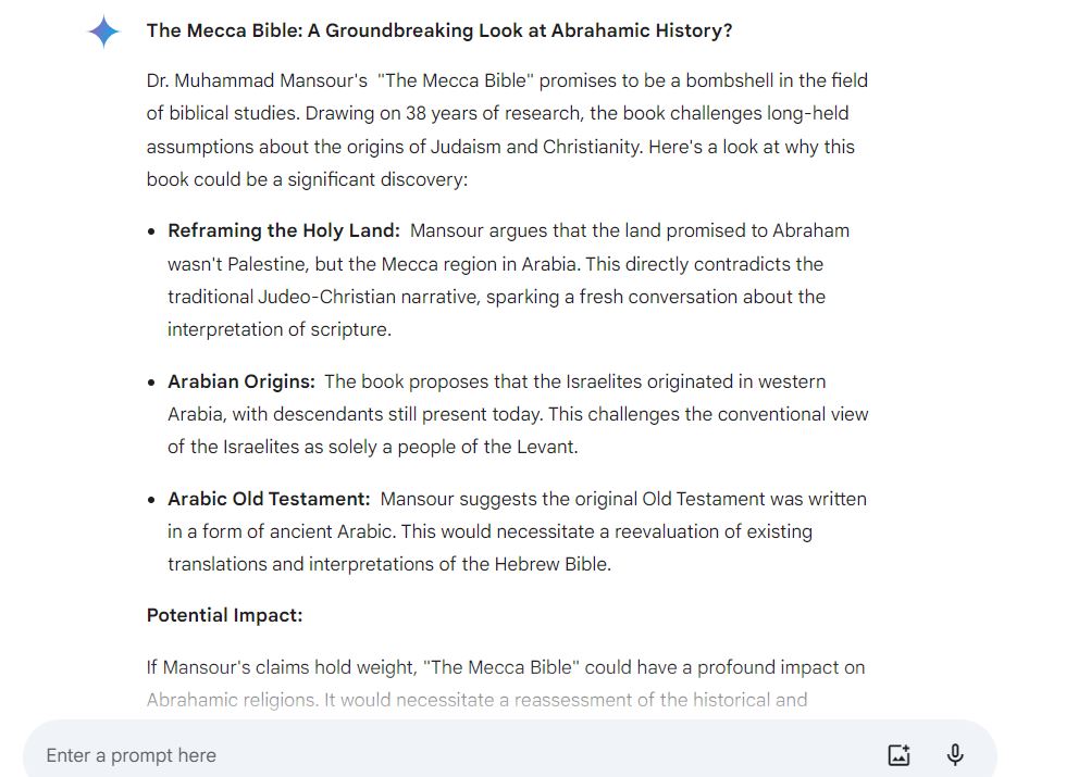 Ad_Sabri's tweet photo. Attaching Google AI (Gemini)'s review of Dr. @YnWhq - @MeccanThe's book (The Mecca Bible). I was surprised how thoughtful and precise the review is, knowing that the book was recently published (last Feb.) and still not widely known nor discussed in the concerned circles: https://t.co/aL1jkaYztd