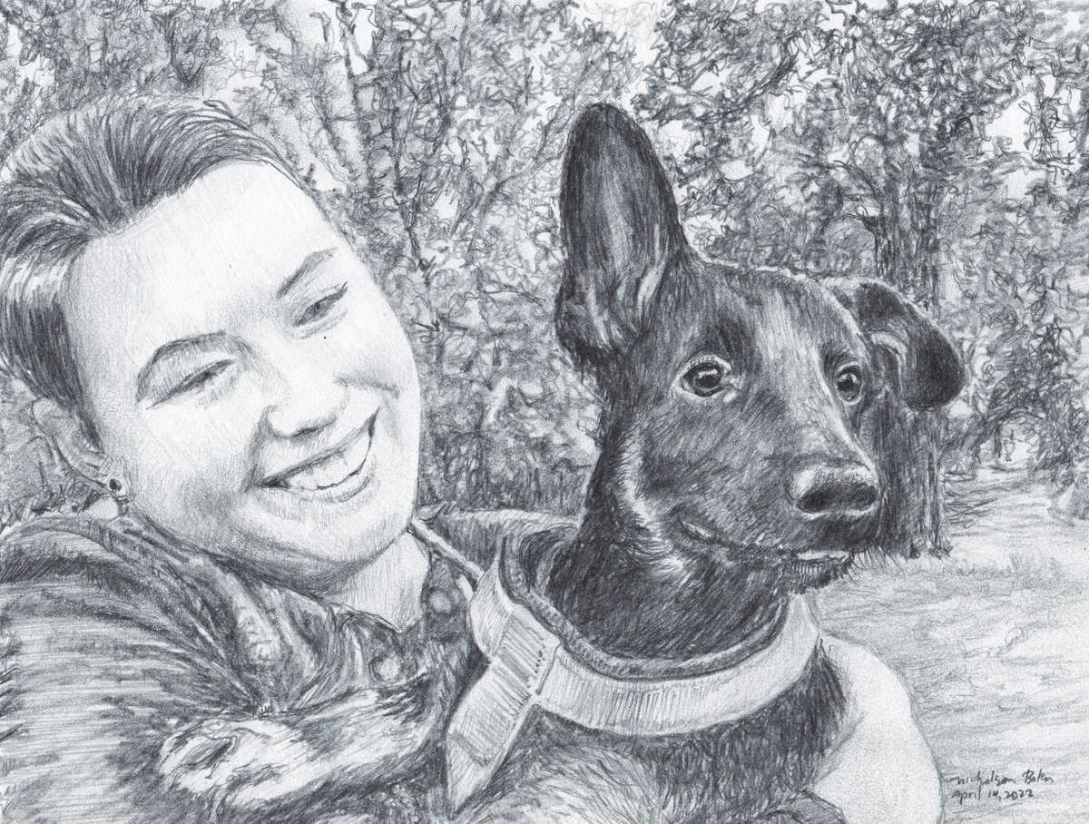 Woman and dog with one ear up