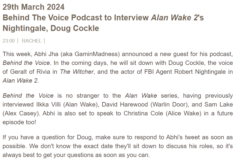 Wanna give a special shoutout to @TheSuddenStop for writing articles on Behind The Voice podcast and the guests I'm lucky enough to have on my podcast realted to Alan Wake 2 @alanwake Check em out : alanwake.info