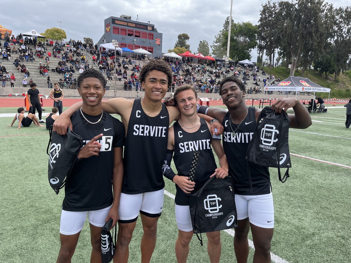 Orange County Championships meet at Mission Viejo- Servite won the 4X100 relay at 41.66 to set the meet record.